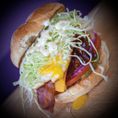 The name means Good Morning! Crispy natural Beef Katsu, Cage Free Fried Egg, Bacon, Cheddar Cheese, Tonkatsu sauce, & Japanese Mayo.