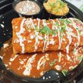 Generously stuffed with beans, a whole chile relleno, and melted cheese, all wrapped in a warm, soft tortilla topped with red or green sauce. Served with rice & beans